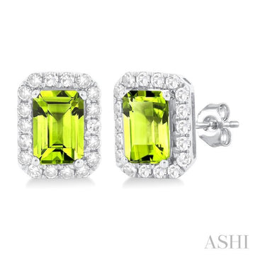 6x4 MM Octagonal Shape Peridot and 1/4 Ctw Round Cut Diamond Halo Semi-Precious Stud Earrings in 10K White Gold